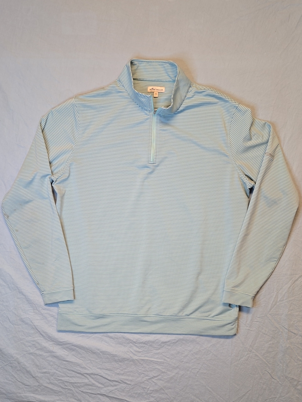 Peter Millar Light Blue and White Stripe 1/4 Zip Lightweight Collar Sweater